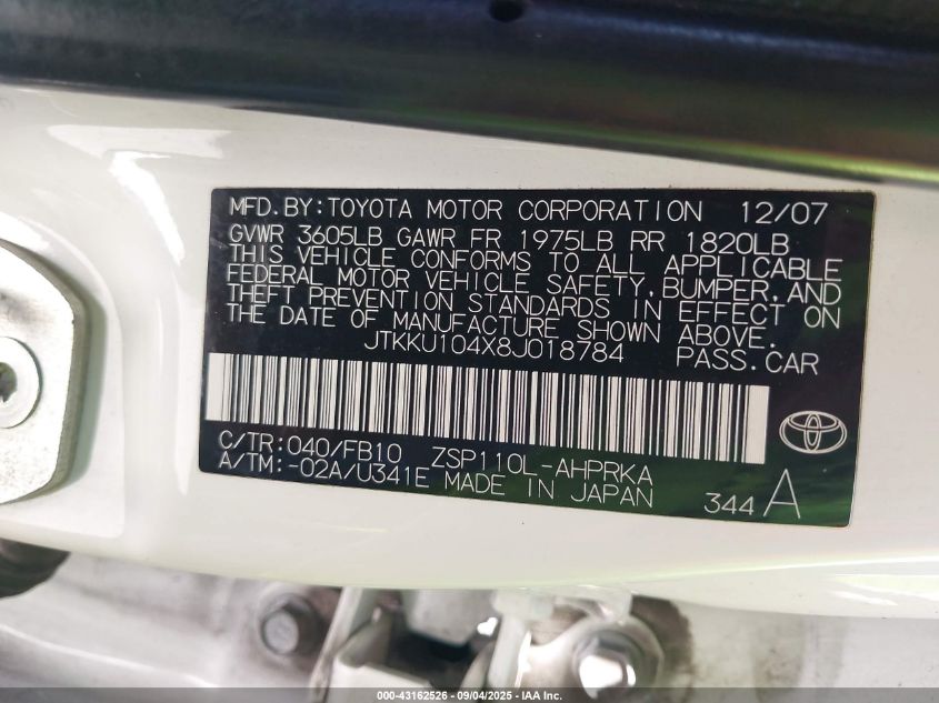 2008 Scion Xd VIN: JTKKU104X8J018784 Lot: 43162526