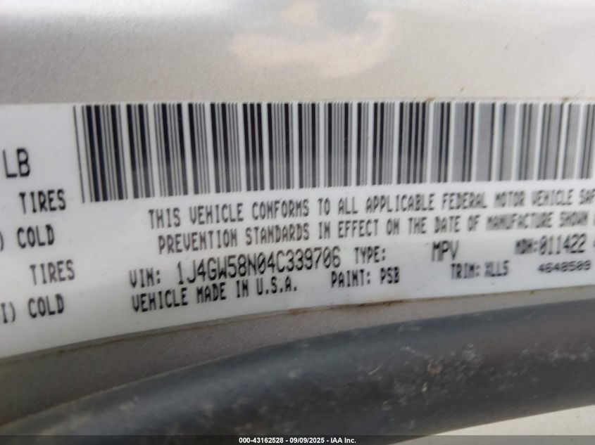 2004 Jeep Grand Cherokee Limited VIN: 1J4GW58N04C339706 Lot: 43162528