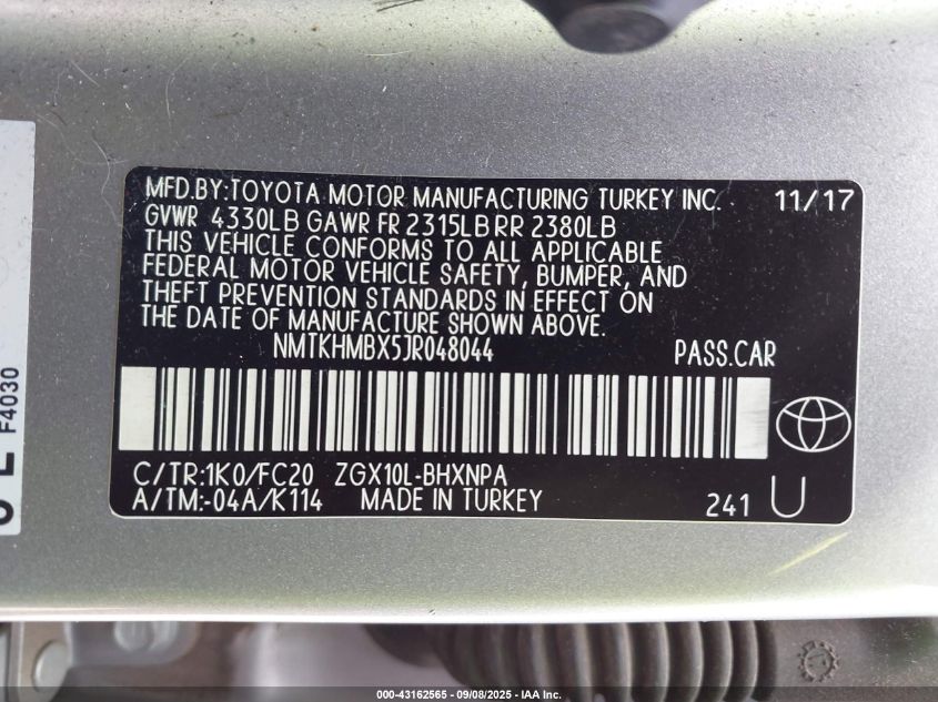 2018 Toyota C-Hr Xle Premium VIN: NMTKHMBX5JR048044 Lot: 43162565