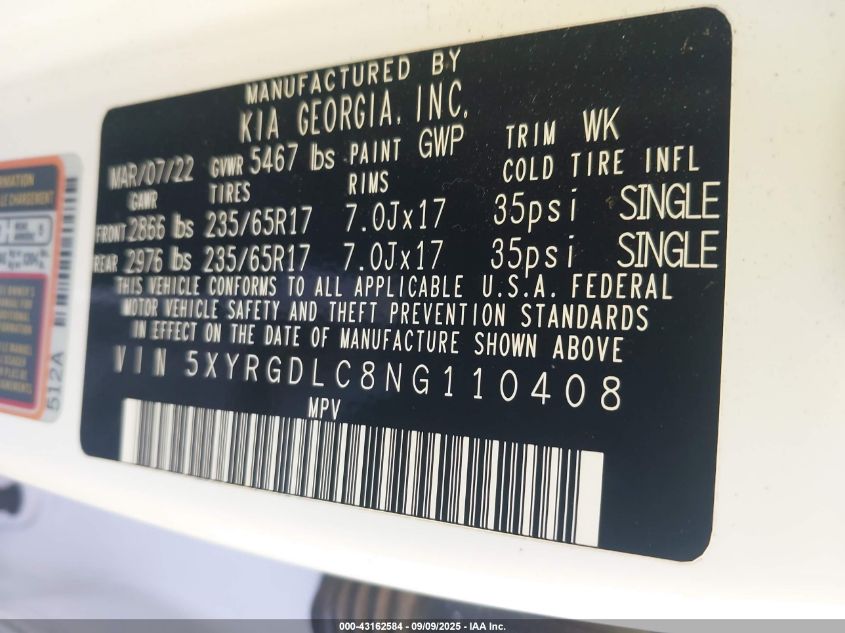 2022 Kia Sorento Lx VIN: 5XYRGDLC8NG110408 Lot: 43162584