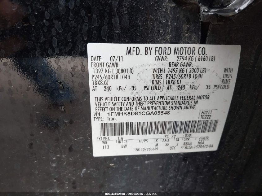 2012 Ford Explorer Xlt VIN: 1FMHK8D81CGA05548 Lot: 43162598