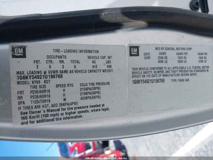 2001 Cadillac Seville Sts VIN: 1G6KY54921U196768 Lot: 43162606