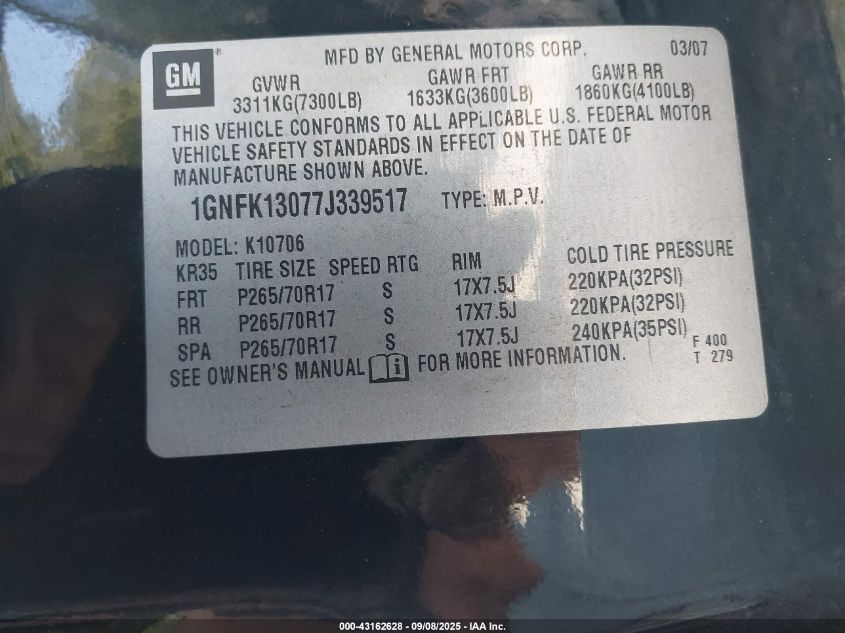 2007 Chevrolet Tahoe Ls VIN: 1GNFK13077J339517 Lot: 43162628