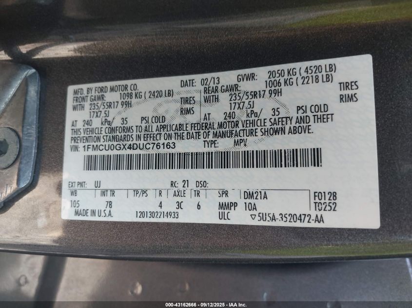 2013 Ford Escape Se VIN: 1FMCU0GX4DUC76163 Lot: 43162666