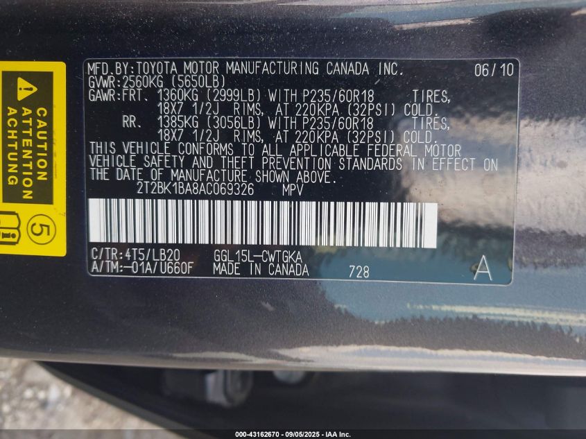 2010 Lexus Rx 350 VIN: 2T2BK1BA8AC069326 Lot: 43162670