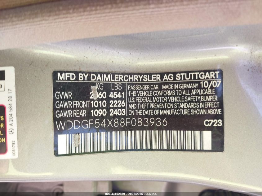 2008 Mercedes-Benz C 300 Luxury/Sport VIN: WDDGF54X88F083936 Lot: 43162689