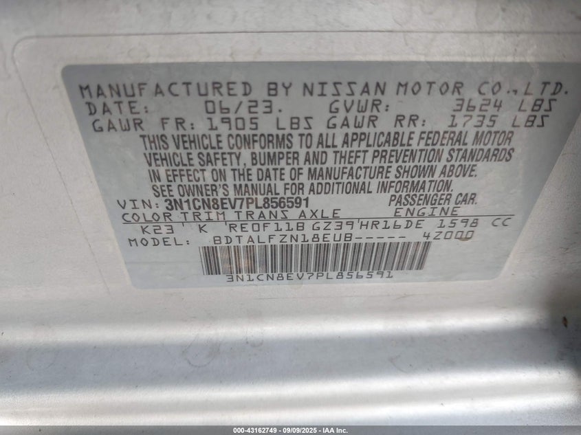 2023 NISSAN VERSA 1.6 SV XTRONIC CVT - 3N1CN8EV7PL856591