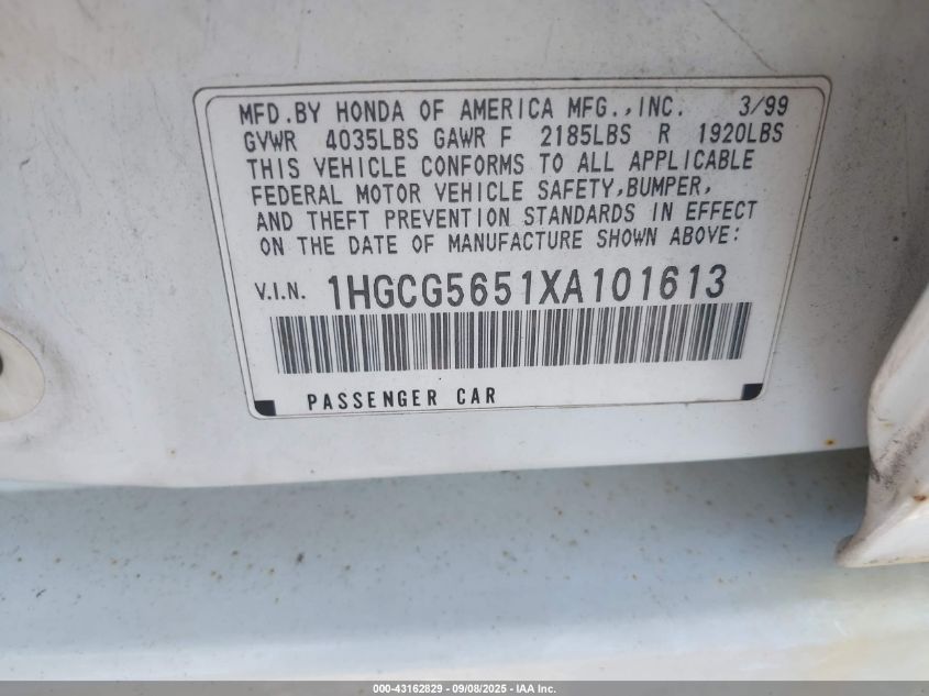 1999 Honda Accord Ex VIN: 1HGCG5651XA101613 Lot: 43162829