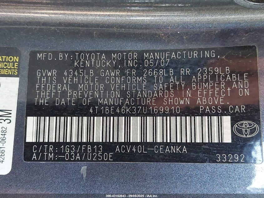 2007 Toyota Camry Le VIN: 4T1BE46K37U169910 Lot: 43162843