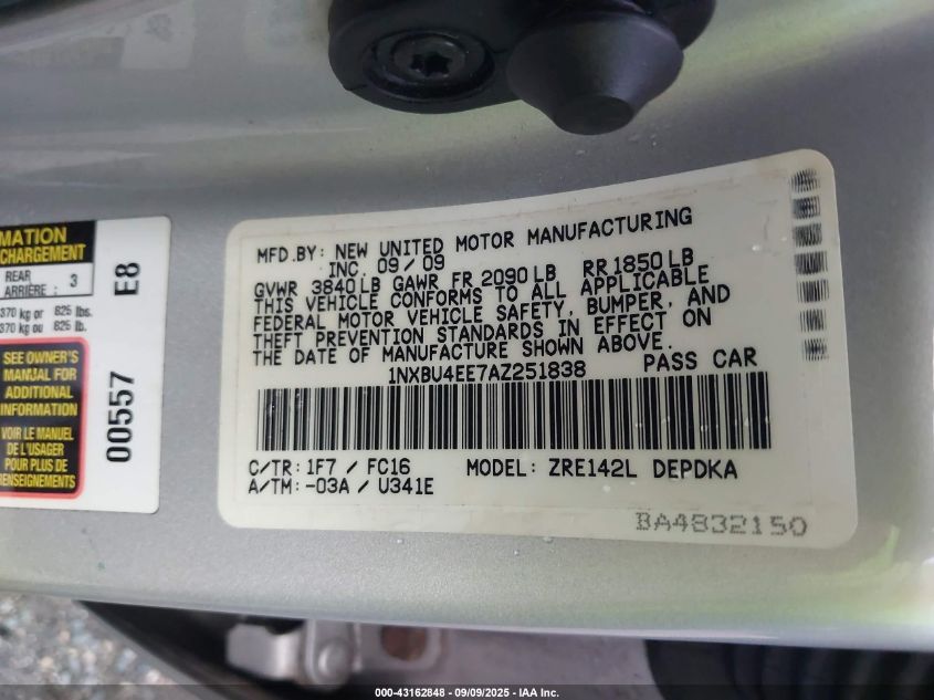 2010 Toyota Corolla Le VIN: 1NXBU4EE7AZ251838 Lot: 43162848