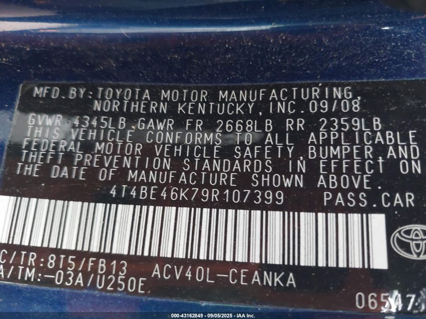 2009 Toyota Camry Le VIN: 4T4BE46K79R107399 Lot: 43162849