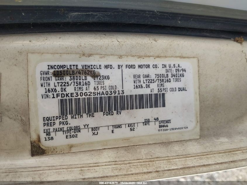 1995 Ford Econoline E350 Cutaway Van VIN: 1FDKE30G2SHA03913 Lot: 43162879
