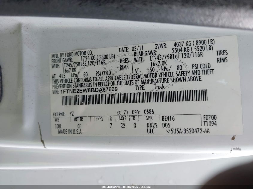 2011 Ford E-250 Commercial VIN: 1FTNE2EW8BDA87609 Lot: 43162918