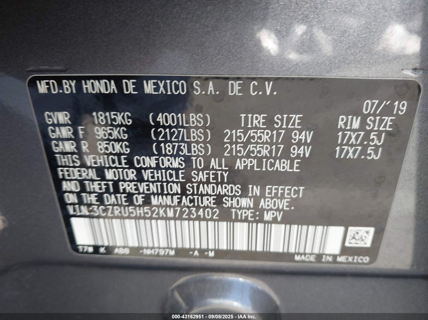 2019 HONDA HR-V EX - 3CZRU5H52KM723402