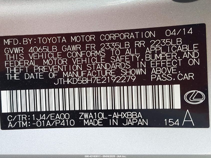 2014 Lexus Ct 200H VIN: JTHKD5BH7E2192279 Lot: 43163011