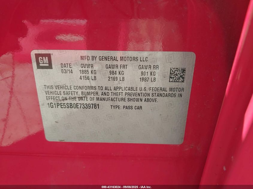 2014 Chevrolet Cruze 2Lt Auto VIN: 1G1PE5SB0E7339781 Lot: 43163024