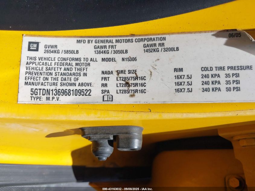 2006 Hummer H3 Suv VIN: 5GTDN136968109522 Lot: 43163032