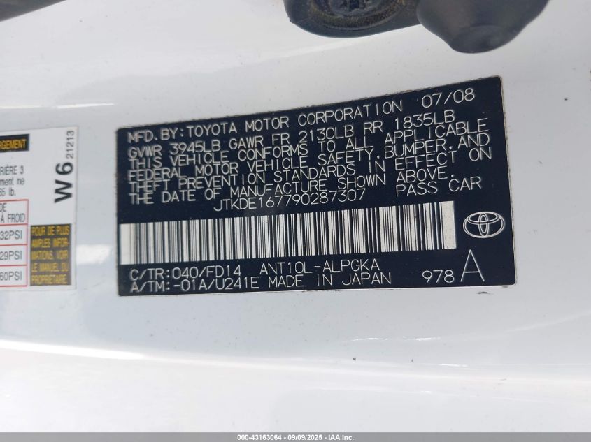 2009 Scion Tc VIN: JTKDE167790287307 Lot: 43163064