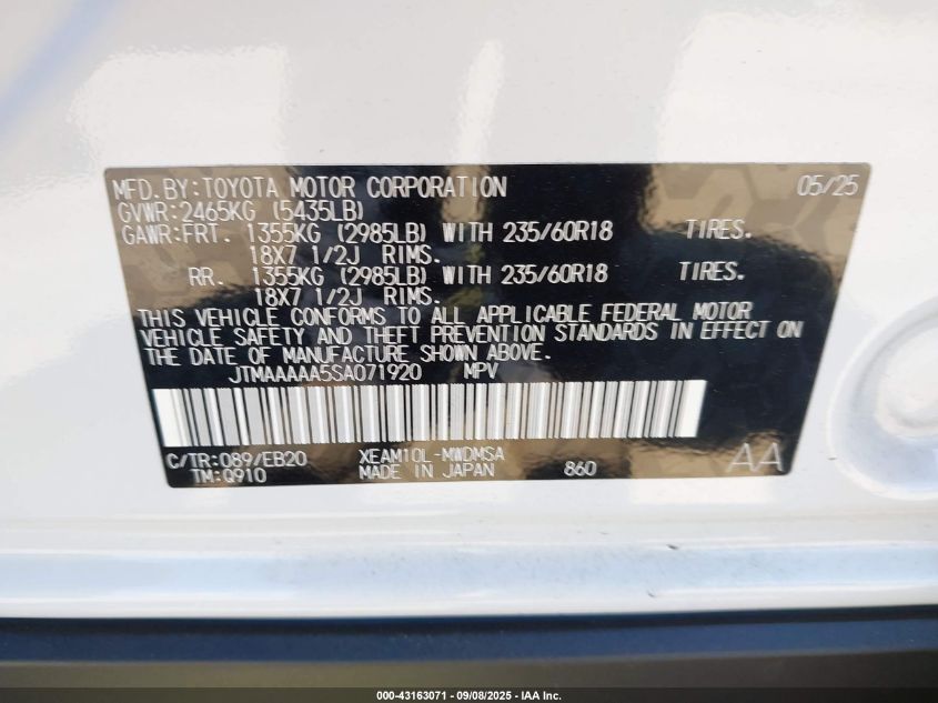 2025 Toyota Bz4X Xle VIN: JTMAAAAA5SA071920 Lot: 43163071