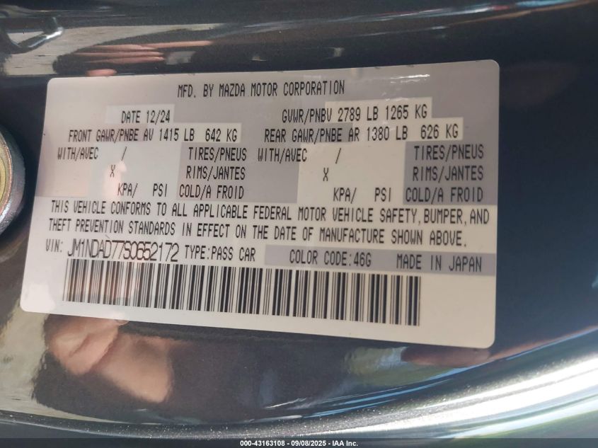 2025 Mazda Mx-5 Miata Grand Touring VIN: JM1NDAD77S0652172 Lot: 43163108