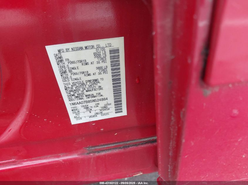 2005 Nissan Titan Se VIN: 1N6AA07B85N524884 Lot: 43163122