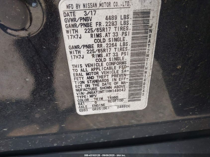 2017 Nissan Rogue Sv VIN: JN8AT2MT1HW149042 Lot: 43163128