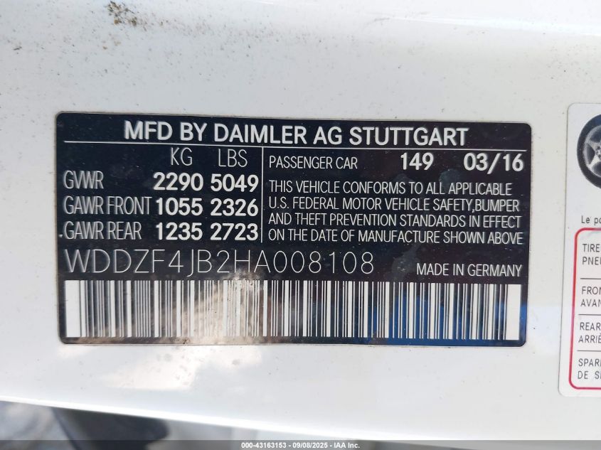 2017 Mercedes-Benz E 300 VIN: WDDZF4JB2HA008108 Lot: 43163153