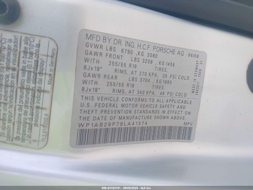 2009 Porsche Cayenne S VIN: WP1AB29P79LA41374 Lot: 43163191