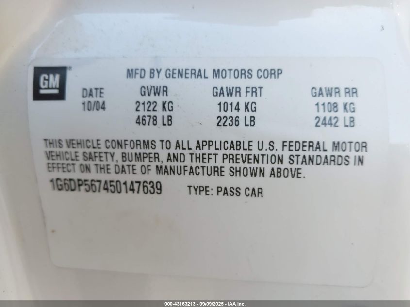 2005 Cadillac Cts Standard VIN: 1G6DP567450147639 Lot: 43163213