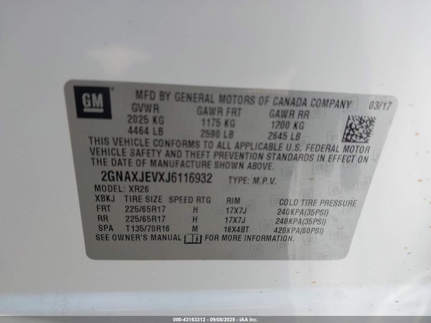 2018 Chevrolet Equinox Lt VIN: 2GNAXJEVXJ6116932 Lot: 43163312