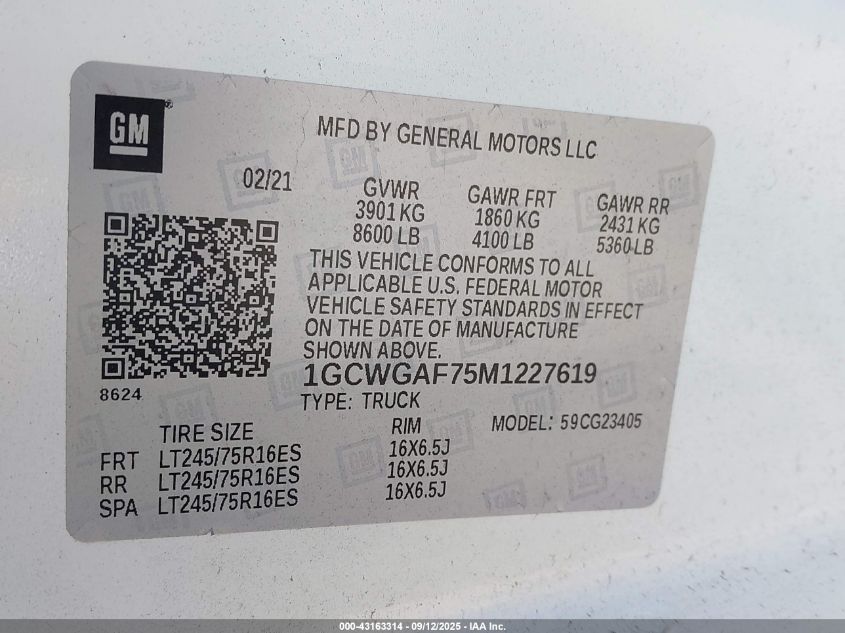 2021 Chevrolet Express G2500 VIN: 1GCWGAF75M1227619 Lot: 43163314