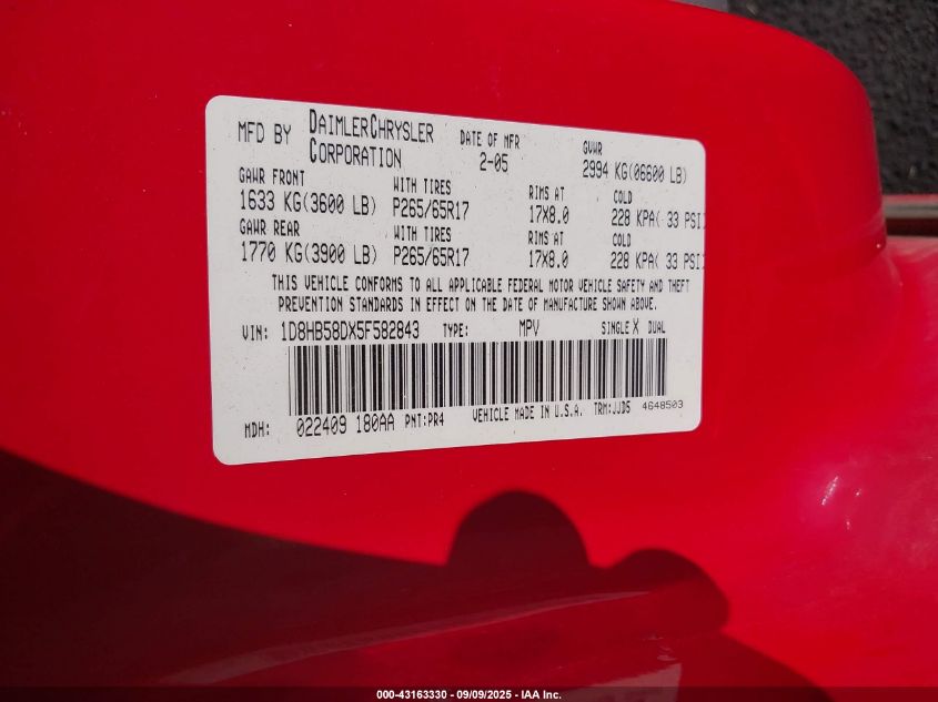 2005 Dodge Durango Limited VIN: 1D8HB58DX5F582843 Lot: 43163330