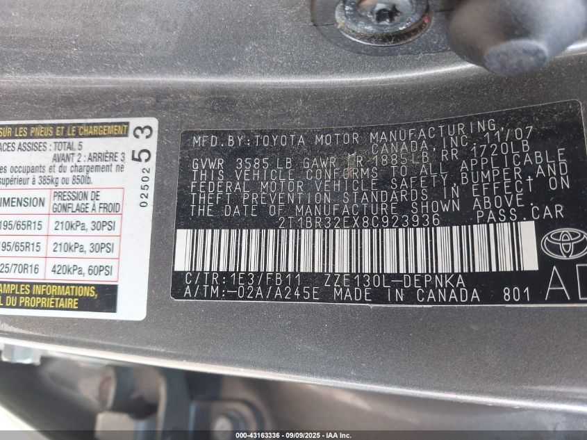 2008 Toyota Corolla Le VIN: 2T1BR32EX8C923936 Lot: 43163336