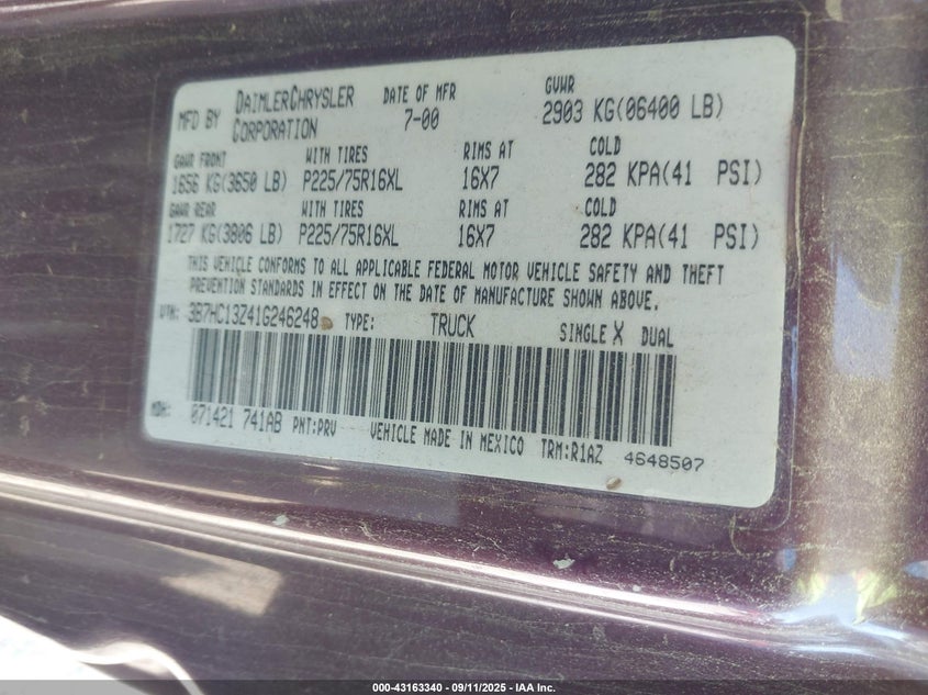 2001 Dodge Ram 1500 St VIN: 3B7HC13Z41G246248 Lot: 43163340