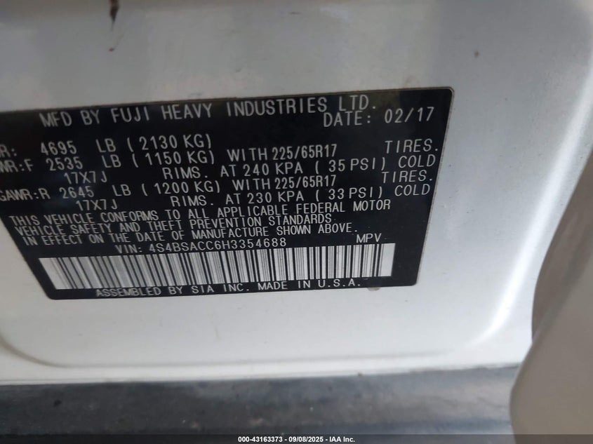 2017 SUBARU OUTBACK 2.5I PREMIUM - 4S4BSACC6H3354688