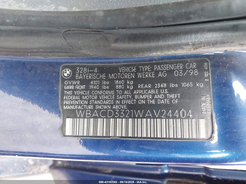 1998 BMW 328I VIN: WBACD3321WAV24404 Lot: 43163382