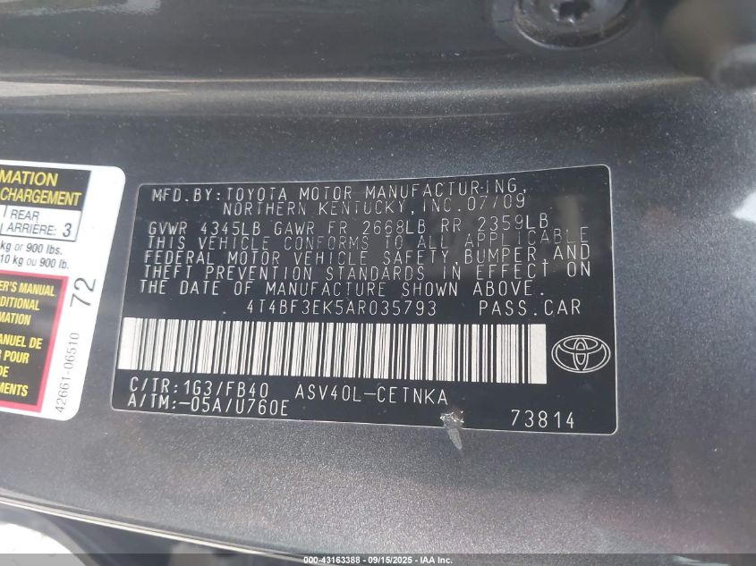 2010 Toyota Camry Le VIN: 4T4BF3EK5AR035793 Lot: 43163388