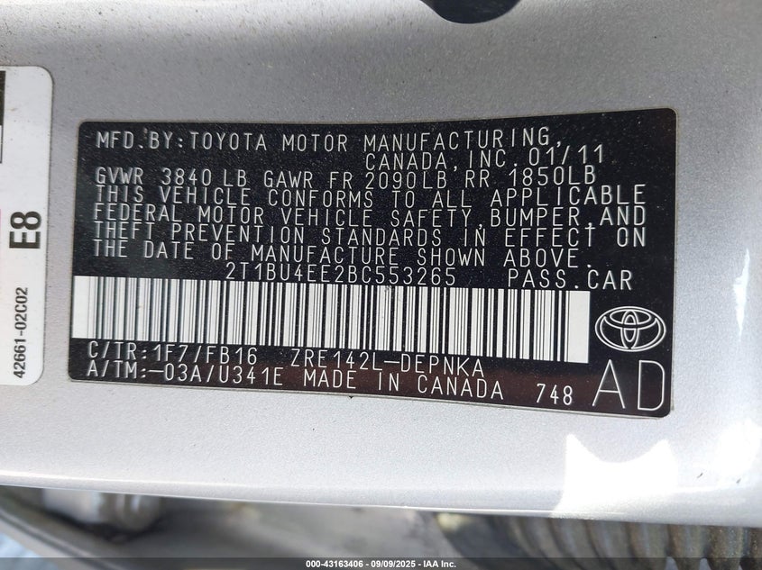 2T1BU4EE2BC553265 2011 TOYOTA COROLLA photo no. 9