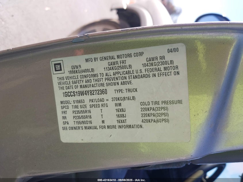 1GCCS19W4Y8272360 2000 CHEVROLET S-10 PICKUP photo no. 9