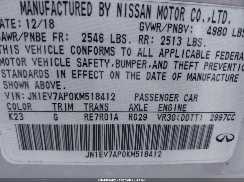 2019 Infiniti Q50 3.0T Luxe VIN: JN1EV7AP0KM518412 Lot: 43163420