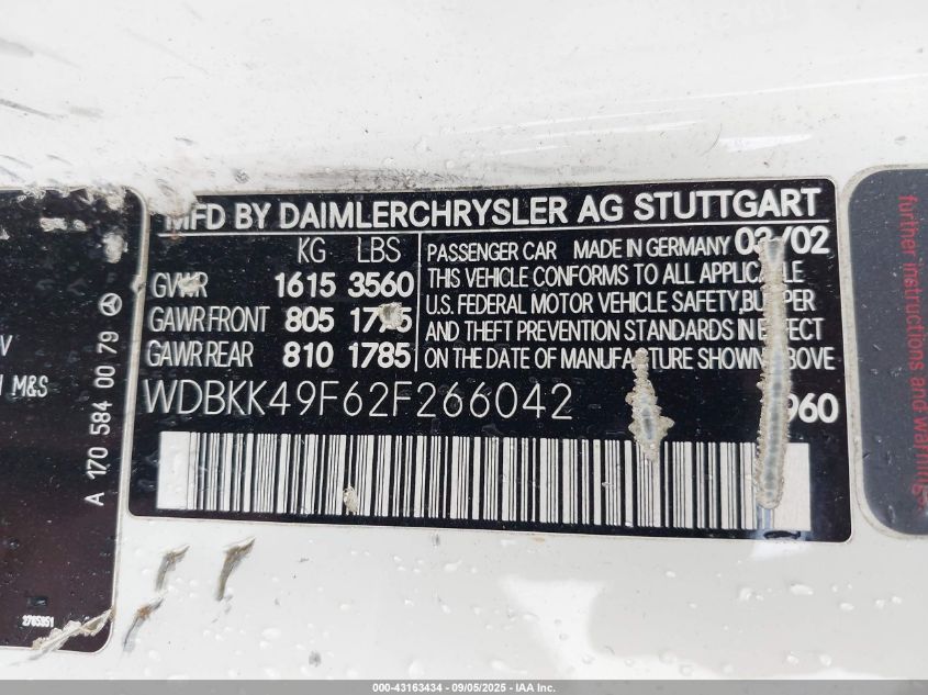 2002 Mercedes-Benz Slk 230 Kompressor VIN: WDBKK49F62F266042 Lot: 43163434