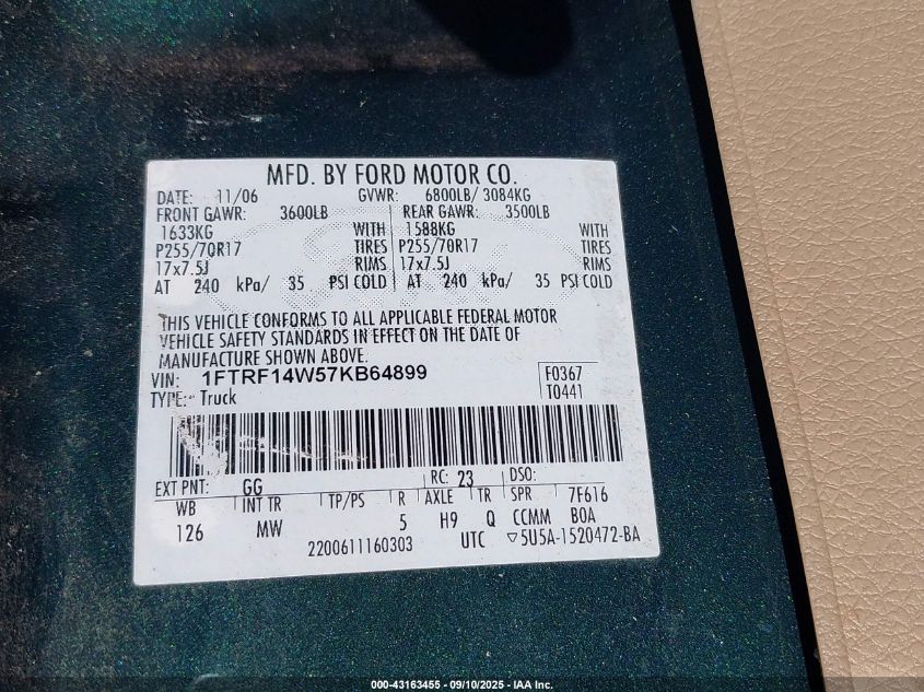 2007 Ford F-150 Stx/Xl/Xlt VIN: 1FTRF14W57KB64899 Lot: 43163455