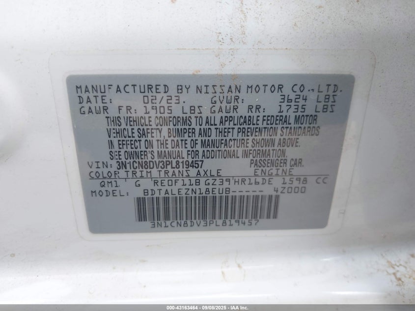 2023 Nissan Versa 1.6 S Xtronic Cvt VIN: 3N1CN8DV3PL819457 Lot: 43163464