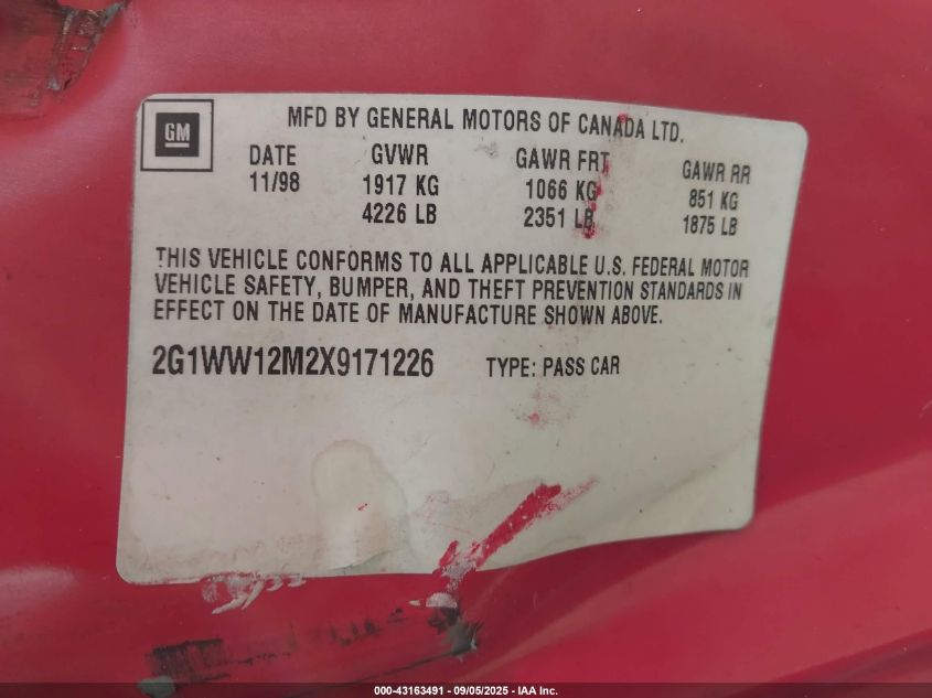 1999 Chevrolet Monte Carlo Ls VIN: 2G1WW12M2X9171226 Lot: 43163491