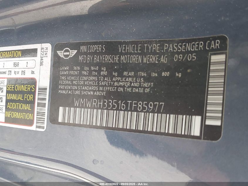 2006 Mini Cooper S VIN: WMWRH33516TF85977 Lot: 43163522