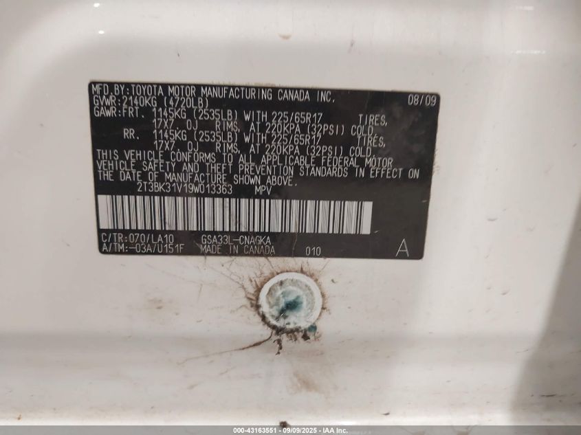 2009 Toyota Rav4 Limited V6 VIN: 2T3BK31V19W013363 Lot: 43163551