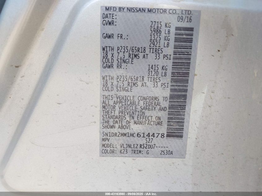2017 Nissan Pathfinder Platinum/S/Sl/Sv VIN: 5N1DR2MM1HC614478 Lot: 43163560