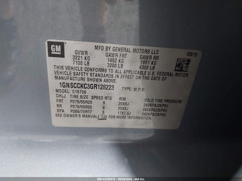 2016 Chevrolet Tahoe Ltz VIN: 1GNSCCKC3GR128223 Lot: 43163570