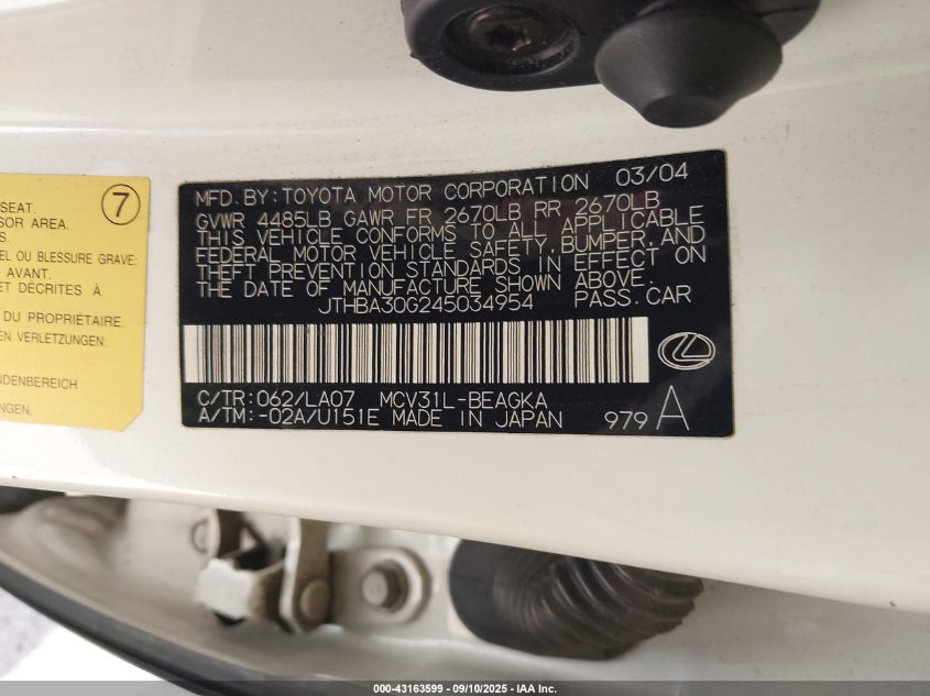 2004 Lexus Es 330 VIN: JTHBA30G245034954 Lot: 43163599