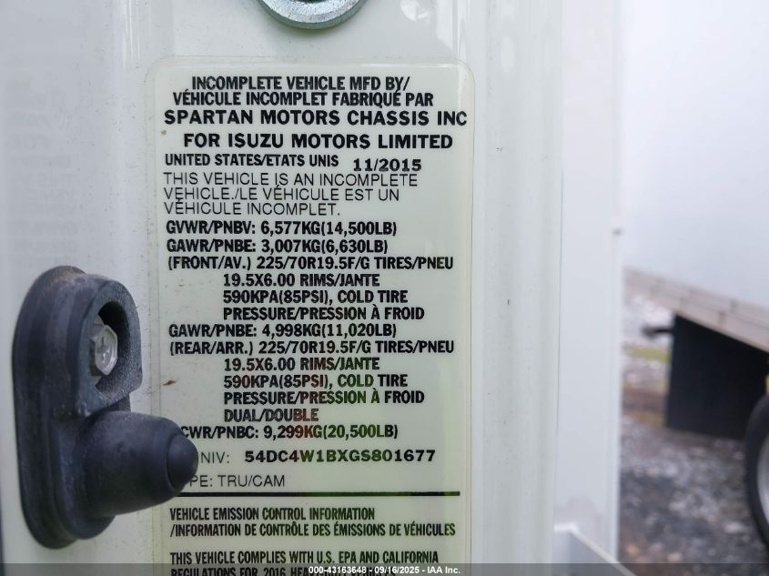 2016 Isuzu Npr Hd Gas Reg VIN: 54DC4W1BXGS801677 Lot: 43163648